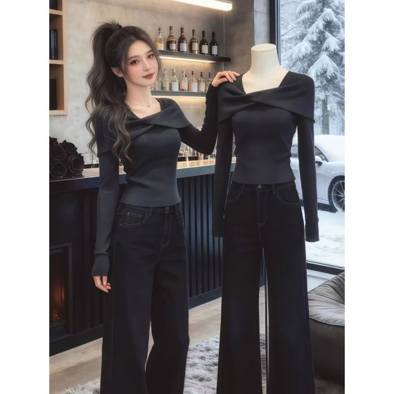 Grey knotted design slim-fit short T-shirt, long-sleeved inner layer, women's spring 2026 new style top