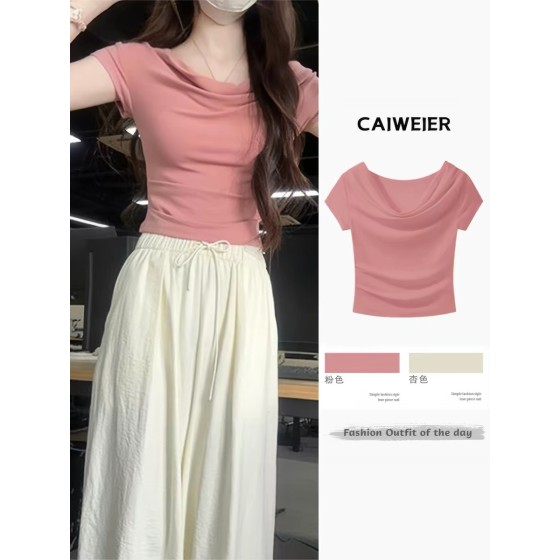 Dopamine Pink Off-Neck Slim Fit Ice Silk Short-Sleeve T-Shirt, Chic and Beautiful, One-Shoulder Short Top for Women, Summer