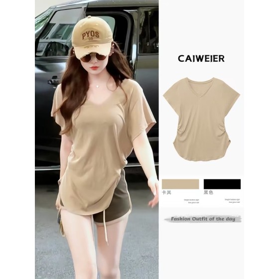 Khaki V-neck irregular hem short-sleeved high-end European style T-shirt for women, summer style, unique and exquisite top.
