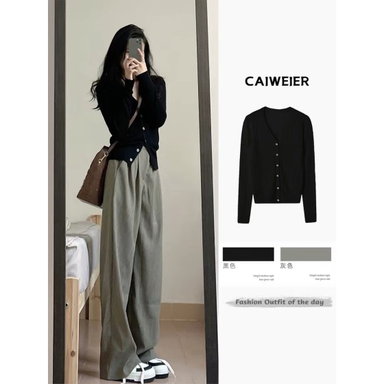 Thin knitted cardigan sweater coat for early spring, Korean style, new black elegant slim-fit top.